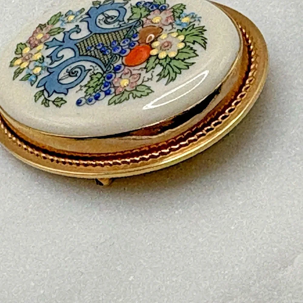 Vintage Lenox Gold Filled Porcelain Brooch Pendant Fine Enamel Floral Flowers